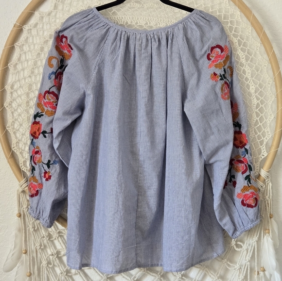 NWT World Market Boho Embroidered Floral Sleeve Blouse - Blue Stripe Size L/XL - Picture 2 of 8